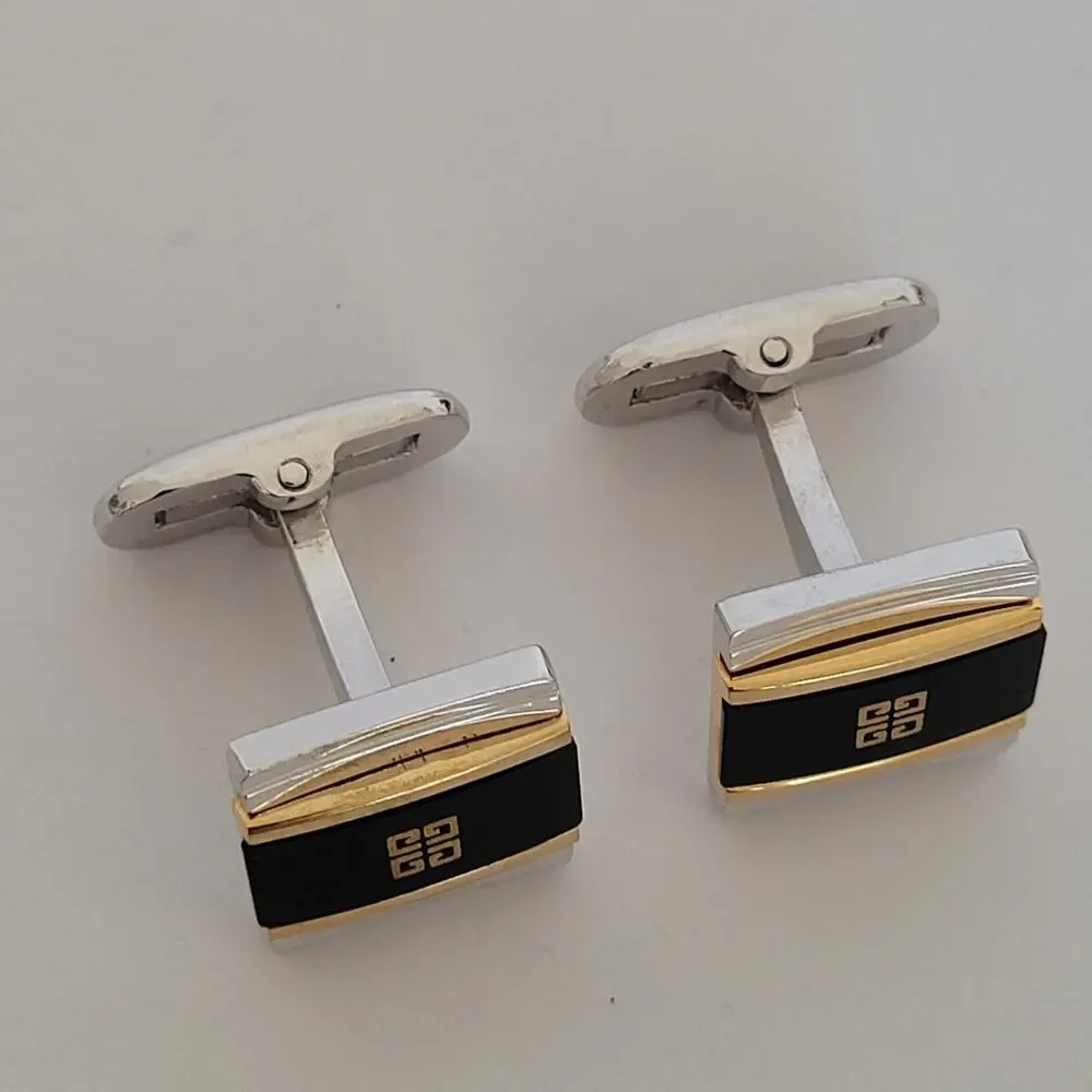 Givenchy Cufflinks Set Silver Gold Tone Black Onyx Square Logo Vintage Designer